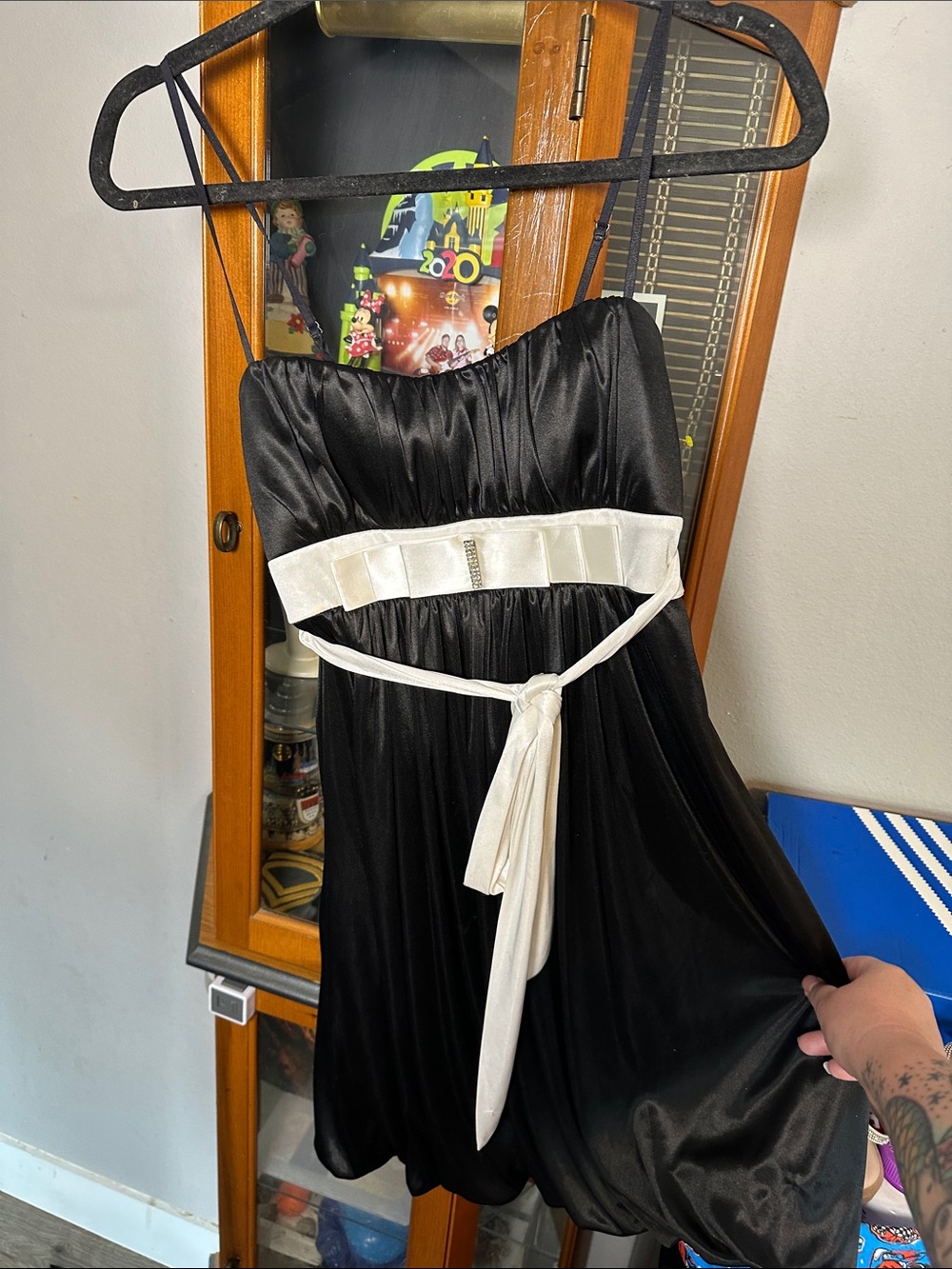 Ruby Rox Y2K Black Satin Strapless Dress with White Waist Sash